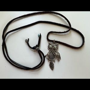 Articulated Silver Owl Necklace, Adjustable Suede Leather cord, 36 in long